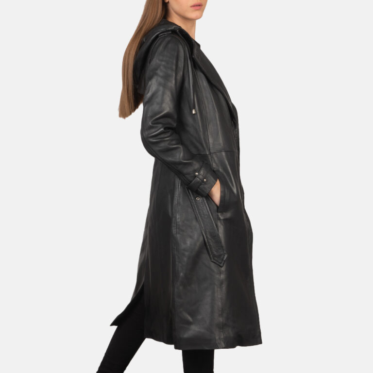Womens Fixon Hooded Black Trench Coat Side Pose-3-1659446479008